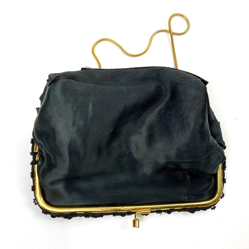 Vintage 60s Black Satin Silk Beaded and Sequined Evening Party Clutch/Bag - Picture 14 of 16